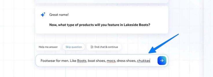 A screenshot of Wix's AI chatbot asking me what products my site sells