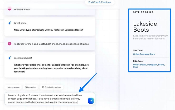 Screenshot of the Wix AI site builder chatbot asking about additional website goals