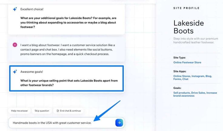 Screenshot of the Wix AI site builder chatbot asking about my website's unique selling point