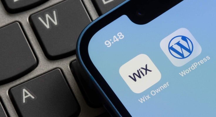 Owner and WordPress app icons are seen on an iPhone. Content management system competitors concept. Owner and WordPress app icons are seen on an iPhone. Content management system competitors concept.