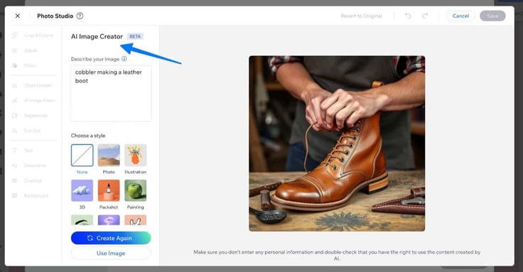 A screenshot of the Wix AI image creator tool.