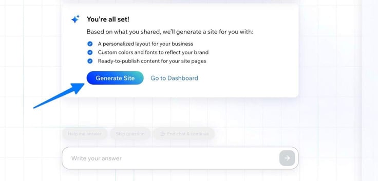 Screenshot of Wix's AI site builder with the Generate Site button.