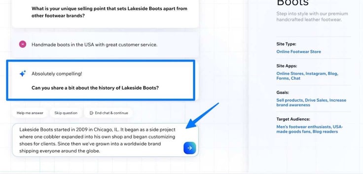 Screenshot of the Wix AI site builder asking for company history