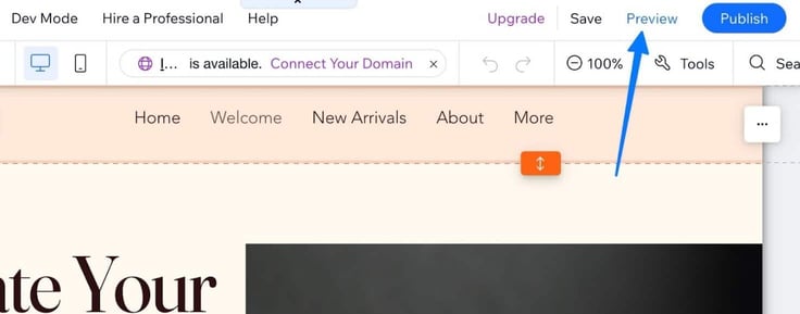 A screenshot of the preview mode in the Wix AI site builder