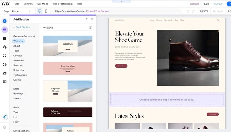 Screenshot of the customization options in the Wix AI site builder