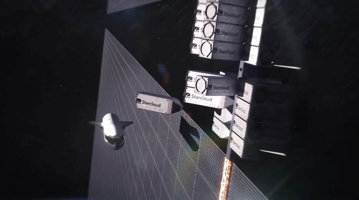 Screenshot of YouTube video, showing a cluster of Starcloud-branded satellite modules arranged like server racks in orbit.