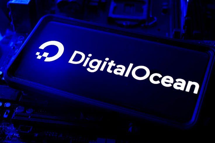DigitalOcean Digital Ocean Company Logo Illuminated On Smartphone Screen With Blue CPU Computer LED Motherboard And Circuit Wafer Chip Technology Background 