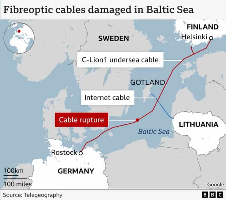 Map of cable rupture in Baltic Sea