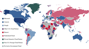 Map showing which cloud providers each country relies on the most Map showing which cloud providers each country relies on the most