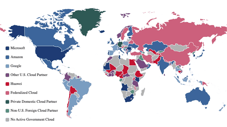 Map showing which cloud providers each country relies on the most Map showing which cloud providers each country relies on the most