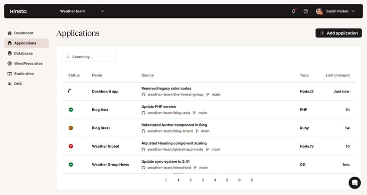 Screenshot of Kinsta's Application Hosting dashboard