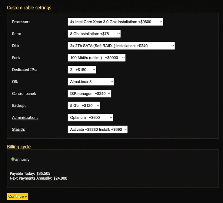 Screenshot of sample plan cost by bulletproof hosting provider