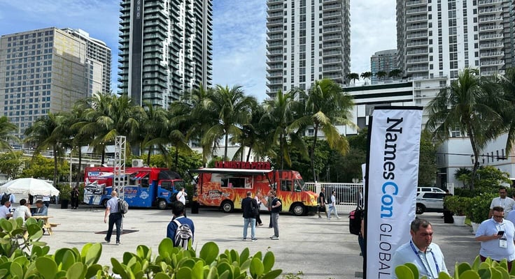 A photo of food trucks with Miami skyline in background A photo of food trucks with Miami skyline in background