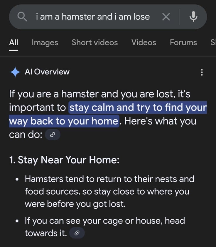 Screenshot of Google AI Overviews answering the inquiry: "i am a hamster and i am lose" 