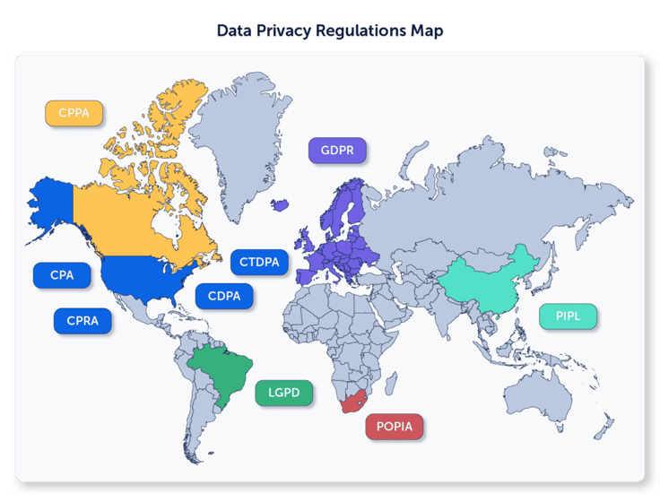 World map highlighting major regional data privacy regulations, including GDPR in Europe, CPRA and CPA in the United States, LGPD in Brazil, PIPL in China, and POPIA in South Africa