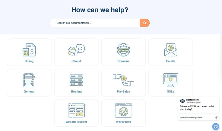 Screenshot of Hosted.com's self-service portal (complete with a little chatbot asking if they can help). Screenshot of Hosted.com's self-service portal (complete with a little chatbot asking if they can help).