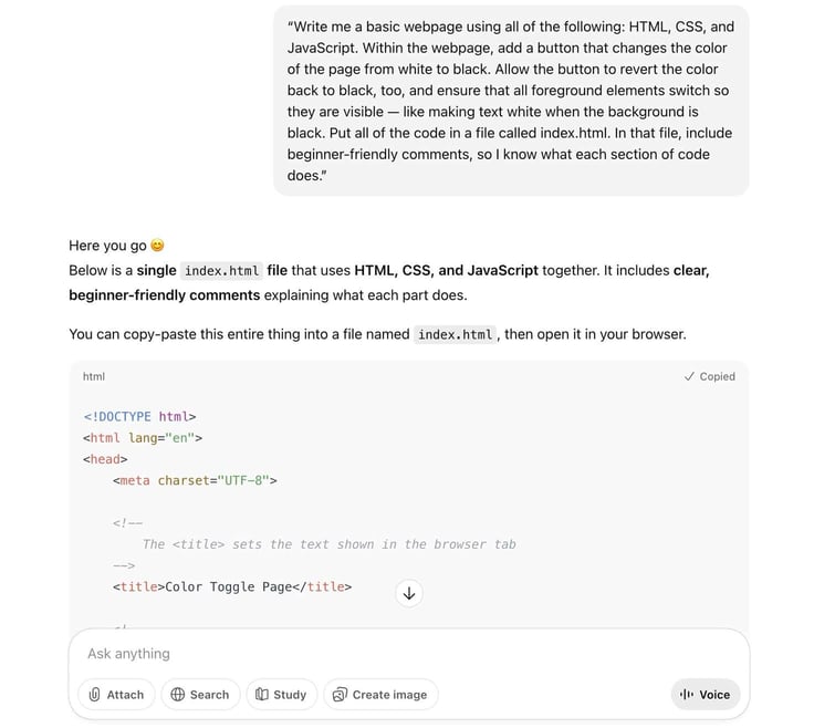 Example ChatGPT prompt to write a basic webpage site using all of the following: HTML, CSS, and JavaScript.