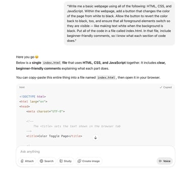 Example ChatGPT prompt to write a basic webpage site using all of the following: HTML, CSS, and JavaScript. Example ChatGPT prompt to write a basic webpage site using all of the following: HTML, CSS, and JavaScript.