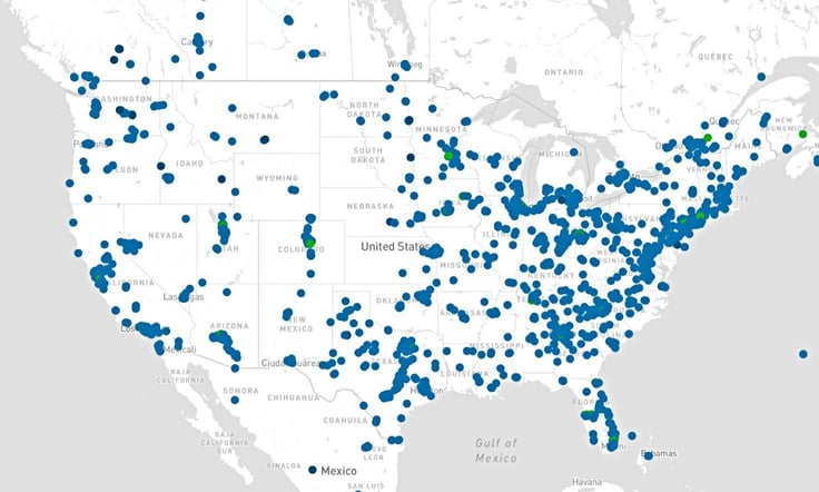 A map of all the data centers in the U.S. with a heavy concentration on the east coast, particularly in Virginia