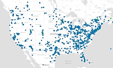 A map of all the data centers in the U.S. with a heavy concentration on the east coast, particularly in Virginia A map of all the data centers in the U.S. with a heavy concentration on the east coast, particularly in Virginia