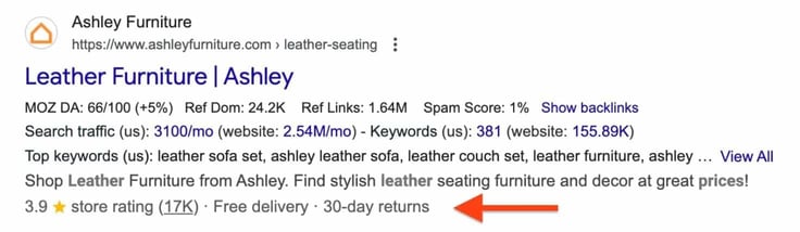 Search result for Ashley Furniture leather seating page showing title, URL, domain authority metrics, search traffic data, keywords, star rating, and rich snippet details Search result for Ashley Furniture leather seating page showing title, URL, domain authority metrics, search traffic data, keywords, star rating, and rich snippet details