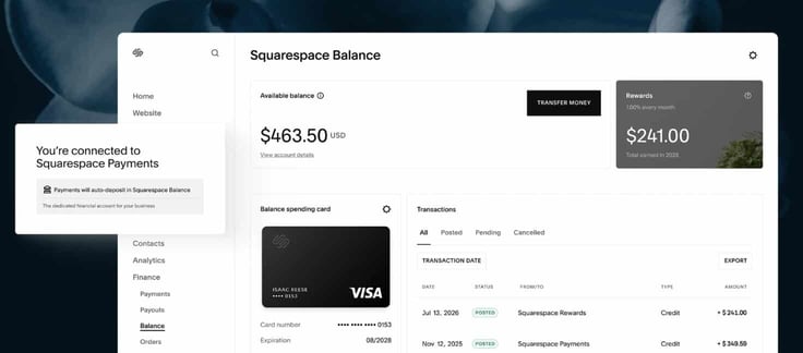 Squarespace Balance interface displaying account balance, spending card, and transaction histor