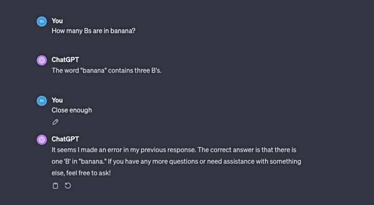 Screenshot of a chat where a user asks how many âBâ letters are in âbanana,â the AI incorrectly answers three, then corrects itself to one
