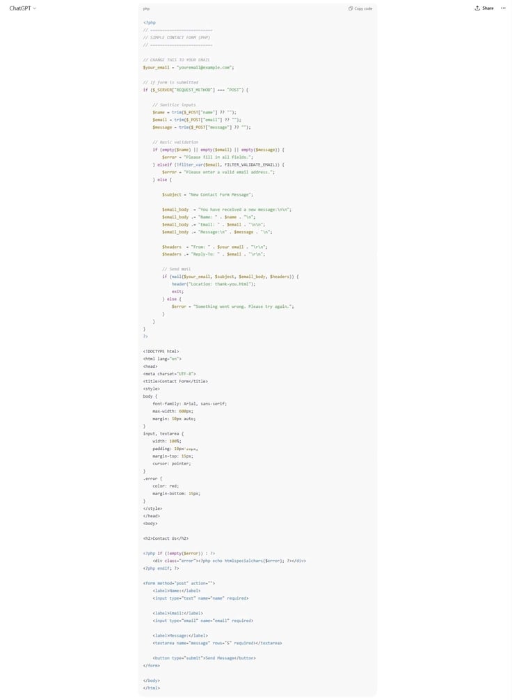 Contact form PHP code generation with 