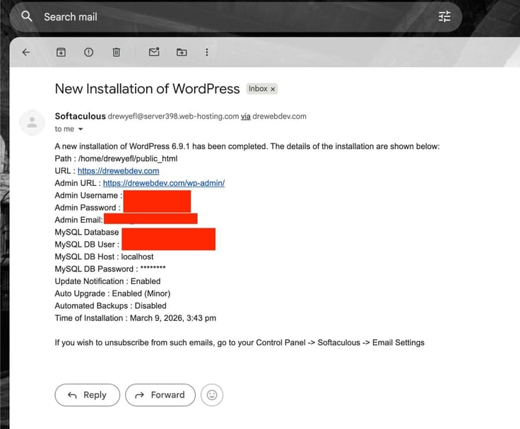 new installation of wordpress details email