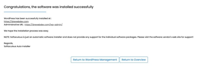 "Congratulations, the software was installed successfully" confirmation