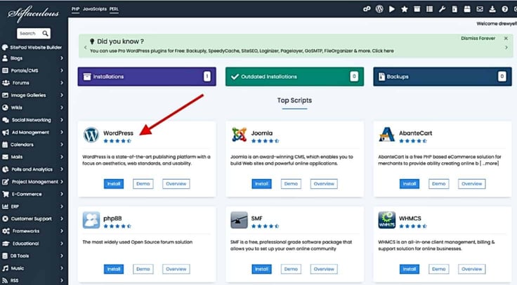 Choose WordPress under Softaculous