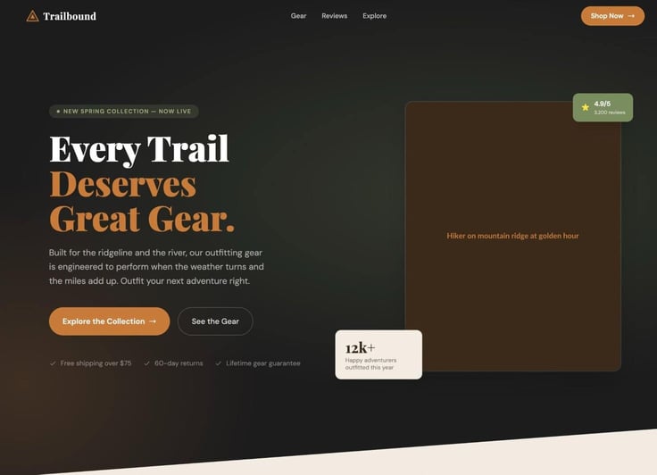 Outdoor website landing page preview with text placeholder for main image. 