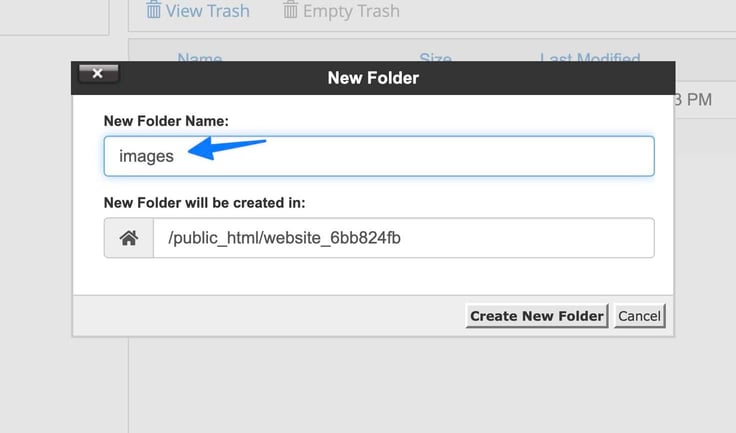 Blue arrow pointing to "images" folder name in the text field