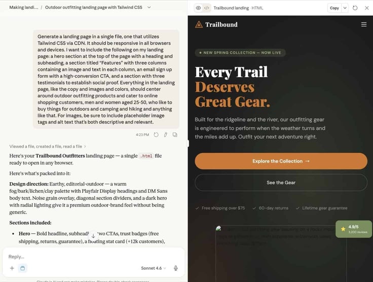 "Every Trail Deserves Great Gear" landing page preview with Claude AI prompt. 
