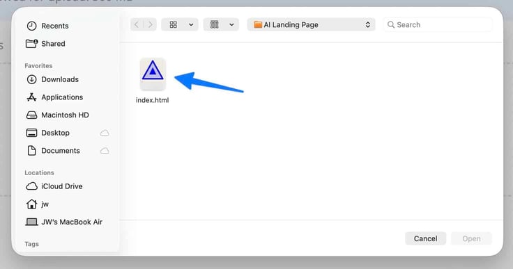 Blue arrow pointing to index.html in the "AI Landing Page" folder