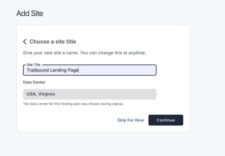 Text field with site title, "Trailbound Landing Page"