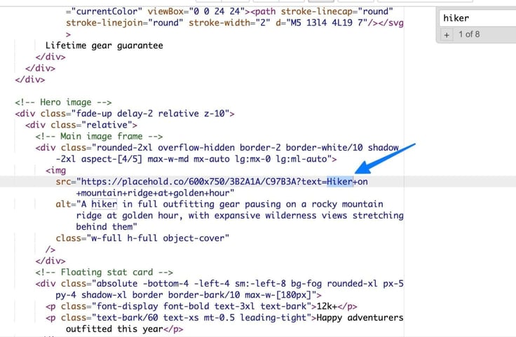 Blue arrow pointing to the placeholder text=Hiker in the code