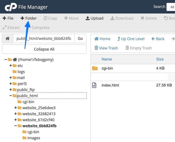 Blue arrow pointing to +Folder in the top bar, in add an /images folder 