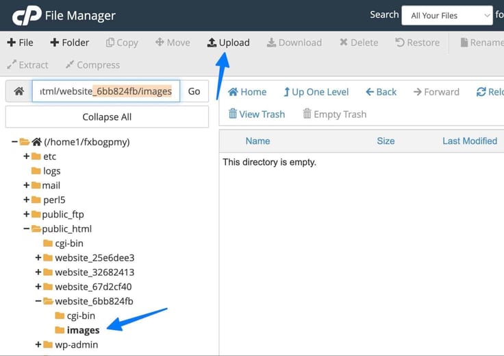 Blue arrow pointing to the new images folder and blue arrow pointing to upload from the top bar