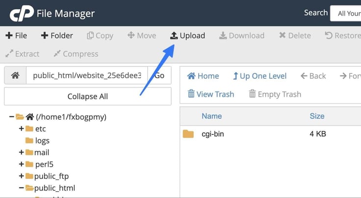 Blue arrow pointing to top bar - "upload" in File Manager