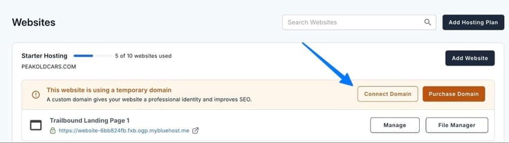 Blue arrow pointing to "Connect Domain" under Websites
