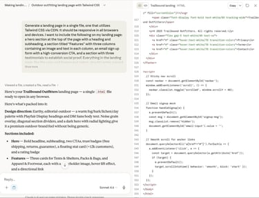 Claude prompt to generate a landing page- .html code output with explanation of "Trail Outfitters" example landing page. 