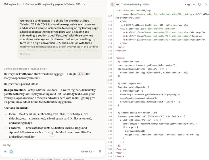 Claude prompt to generate a landing page- .html code output with explanation of "Trail Outfitters" example landing page. 