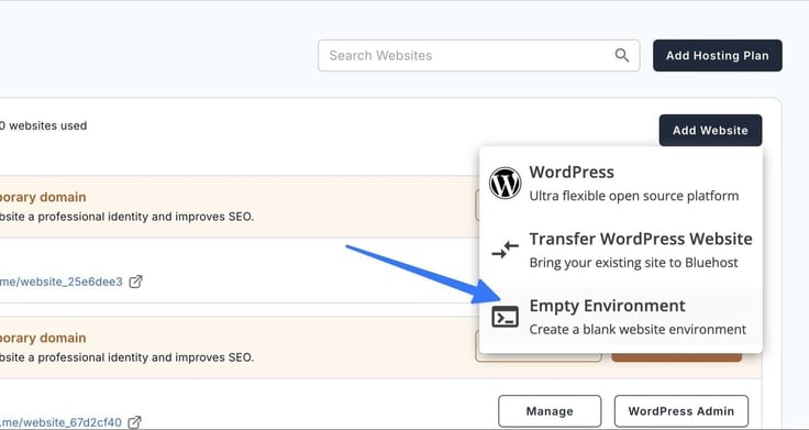 Blue arrow pointing to Bluehost hosting environment - add website - Empty Environment. 