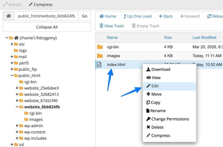 Blue arrow pointing to the index.html file. Blue arrow pointing to select Edit. 