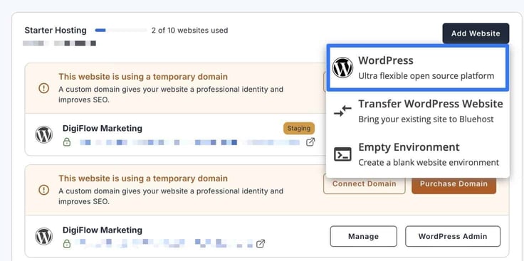Choose WordPress from dropdown menu. Where to add WordPress from Bluehost. Choose WordPress from dropdown menu. Where to add WordPress from Bluehost.