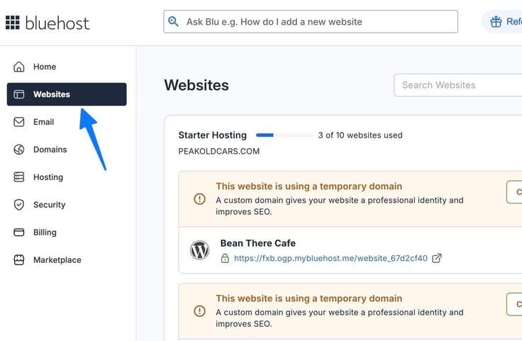 Websites section of Bluehost to setup WordPress Websites section of Bluehost to setup WordPress