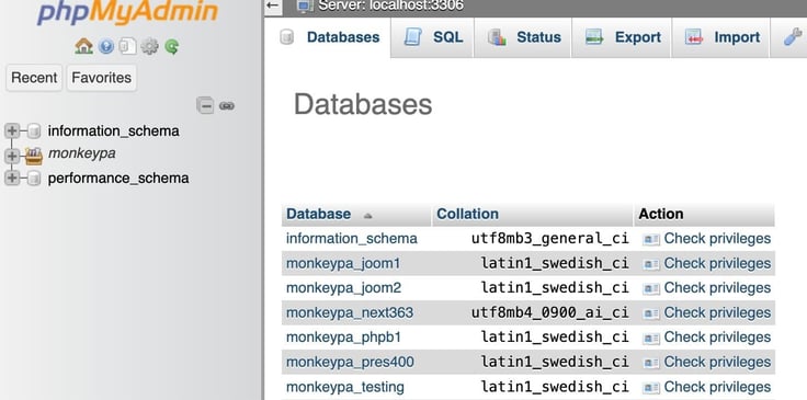 phpMyAdmin - Databases tab. Look for all hosted databases. 