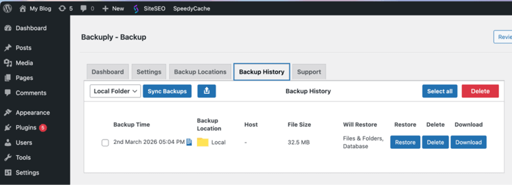 Backup history tab under Backuply