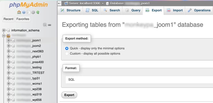 Exporting tables from database under phpMyAdmin